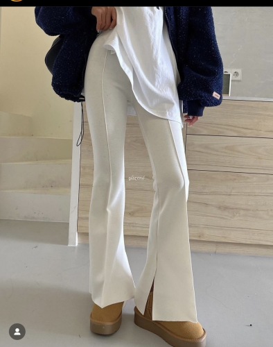 Korean new spring style solid color zipper crimped slit micro horn slim fit versatile style casual pants