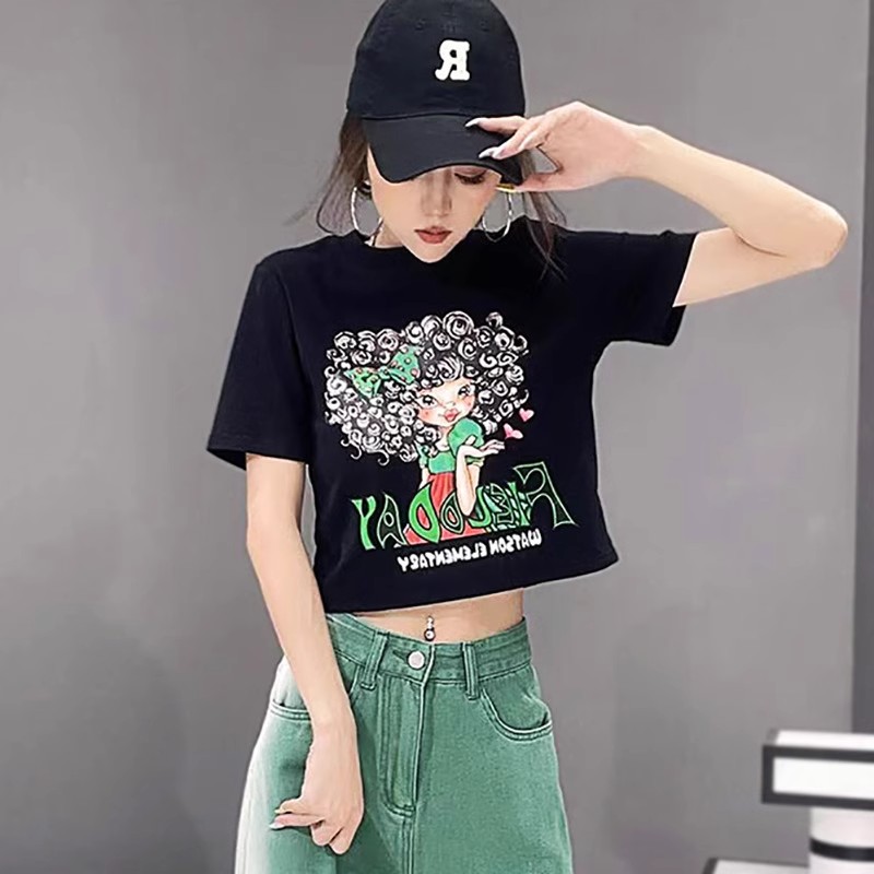 卡通動漫印花短袖T恤女2024夏新款韓版修身顯瘦百搭高腰短款上衣
