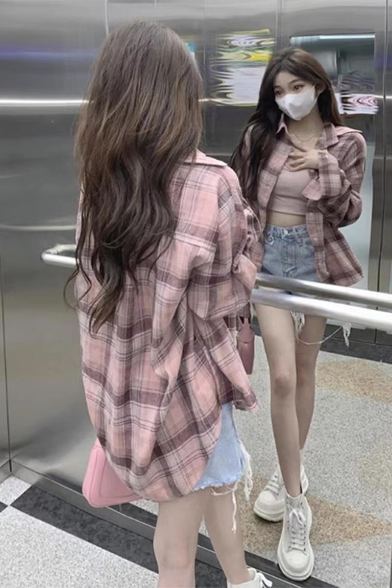 粉色格子襯衫外套女春秋2024新款夏季設計感小眾長袖寬鬆防曬上衣