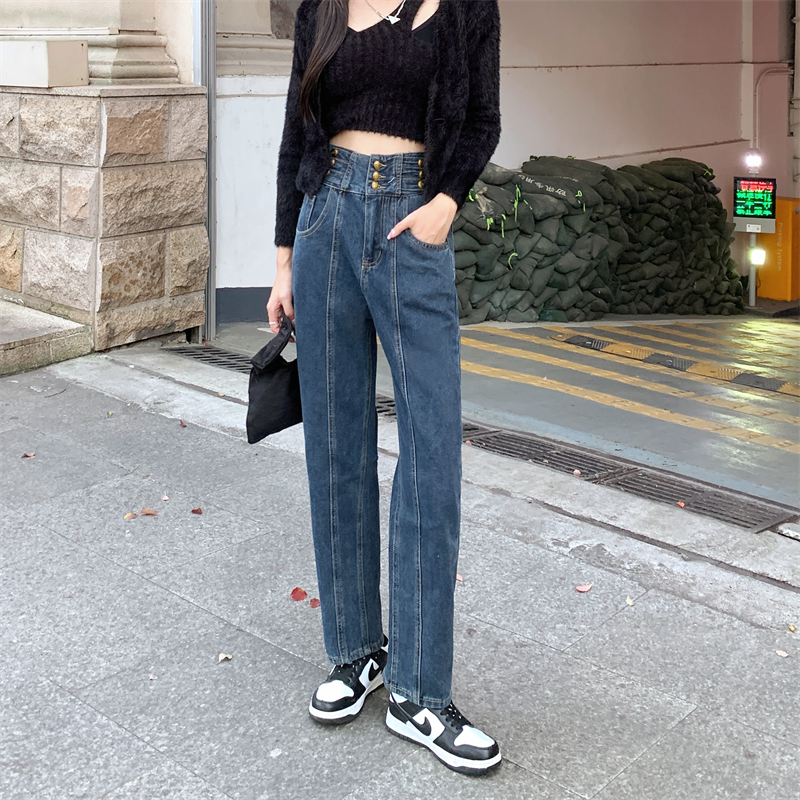實拍#大碼女裝春秋網紅梨型身材哈倫褲子女高腰顯瘦牛仔長褲