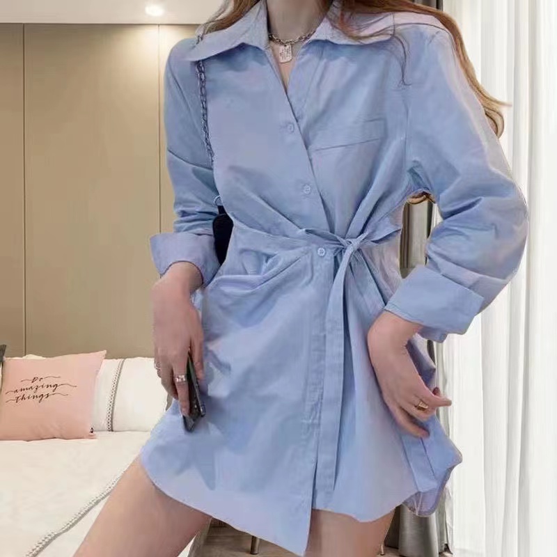 藍色襯衫女設計感小眾綁帶襯衣春款2024年新款長袖氣質中長款上衣