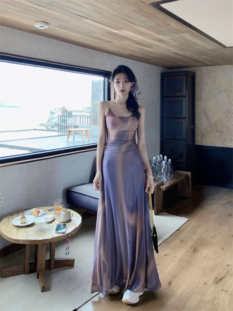 Actual shot Island Diary Oil Painting Date Dress Women's Resort Style Contrast Color Pleated Shoulder Skirt
