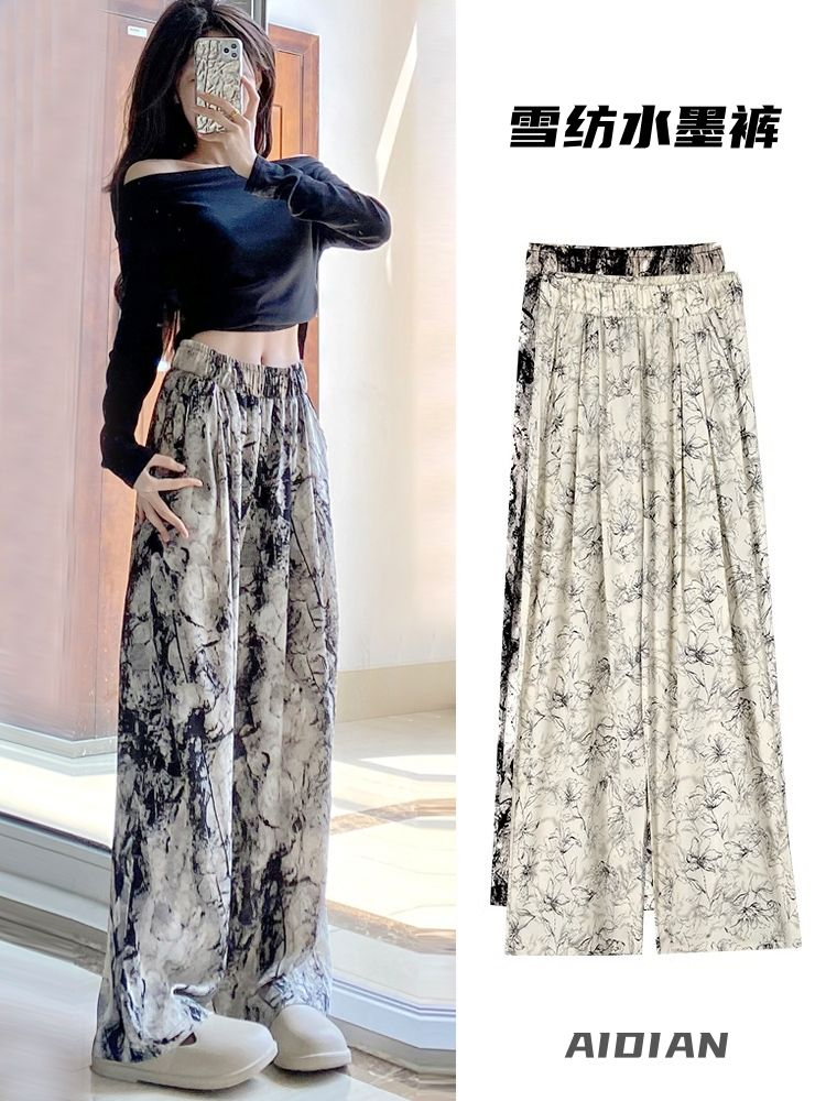 Chiffon ink wide-leg pants for women summer thin high-waist tie-dye national style drape lazy casual ice silk sunscreen pants