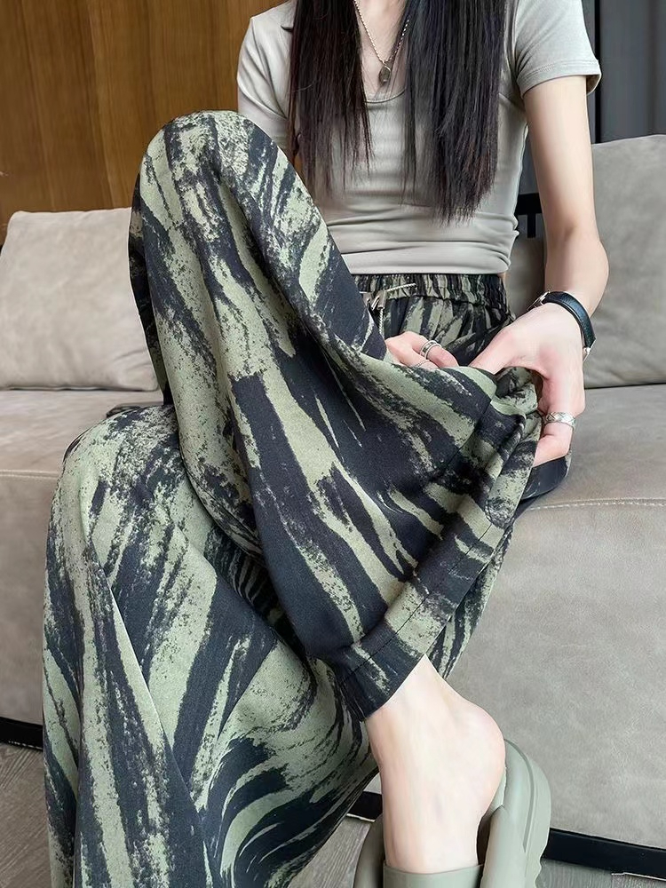 2024新款冰絲扎染闊腿褲女夏薄款高腰垂感直筒寬鬆顯瘦休閒拖地褲