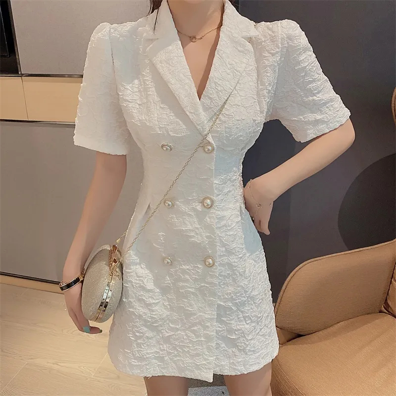 棉美界西裝連衣裙女夏2024新款韓版泡泡袖收腰顯瘦雙排扣氣質裙子