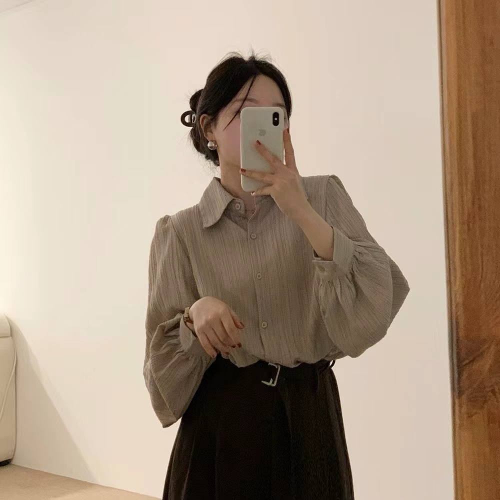 韓國chic 法式復古褶皺設計感小眾長袖襯衫女