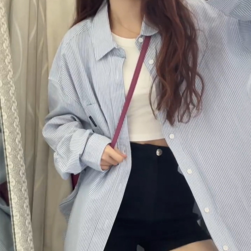 早春裝新款慵懶風藍色條紋襯衫外套女小個子襯衣內搭長袖上衣