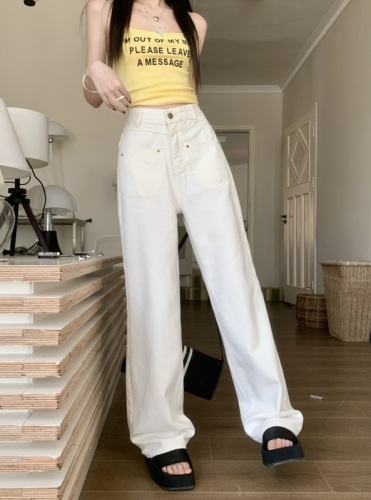 Actual shot of white versatile simple denim wide leg pants for women