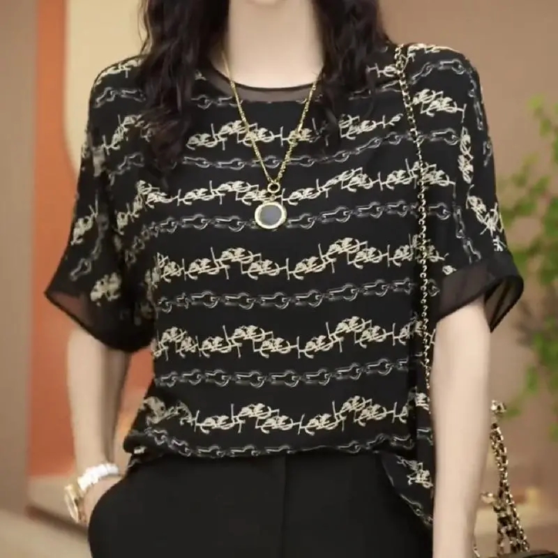 真絲短袖T恤女寬鬆夏季外穿小衫媽媽遮肉顯瘦桑蠶絲減齡印花上衣