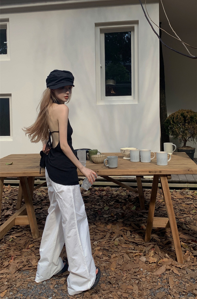 Real shot of backless suspenders that can be tied without revealing anything + American overalls for women, loose and breathable casual pants
