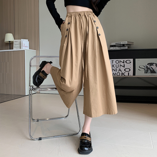 Real shot of Tencel cotton casual wide-leg pants for women, spring style, pear-shaped body, slim, loose, high-waisted and drapey drawstring pants.