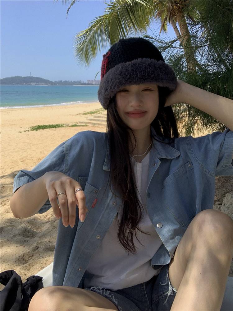 Actual shot of versatile solid color short-sleeved cotton top + retro loose short-sleeved denim jacket