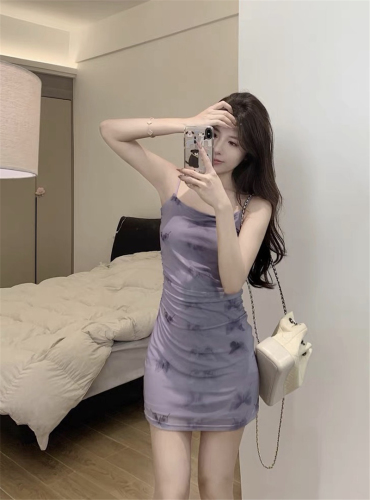 French Violet First Love Tea Style Waist Slimming Suspender Dress