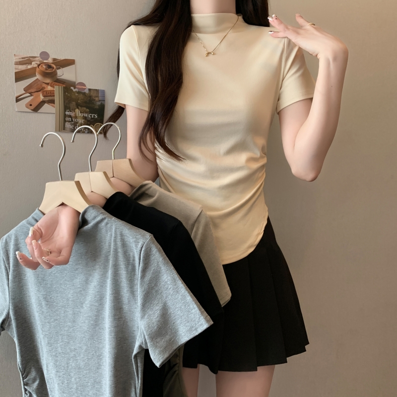 設計感小眾不規則短款上衣女夏季新款辣妹風修身顯瘦褶皺短袖t恤