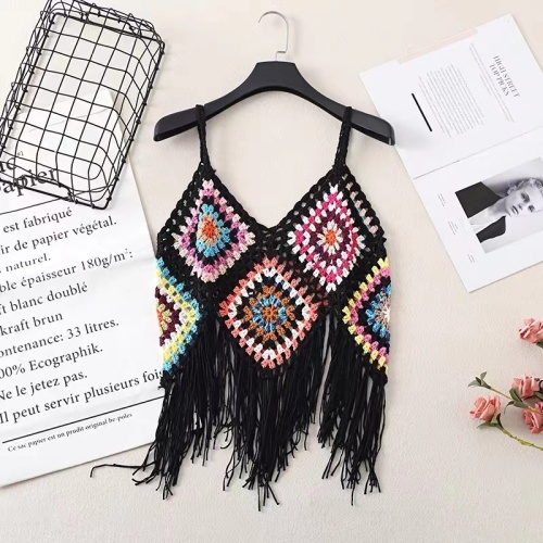 Ethnic style retro embroidered tassel knitted crochet women's fashionable suspender top