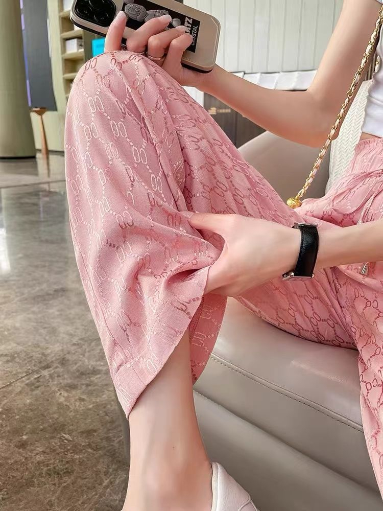 原版面料粉色冰絲闊腿褲女夏季薄款高腰垂感直筒寬鬆