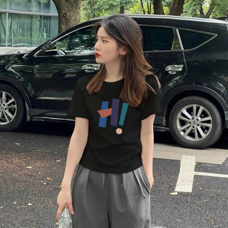 正肩短袖T恤女2024新款夏季純棉圓領粉色修身顯瘦印花字母上衣ins