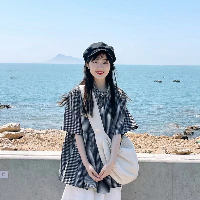 日系復古格子短袖襯衫女夏季設計感小眾襯衣韓版寬鬆娃娃衫上衣