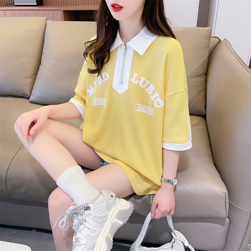 Real shot summer Korean style loose POLO collar half zipper foam printed large size short-sleeved T-shirt for women