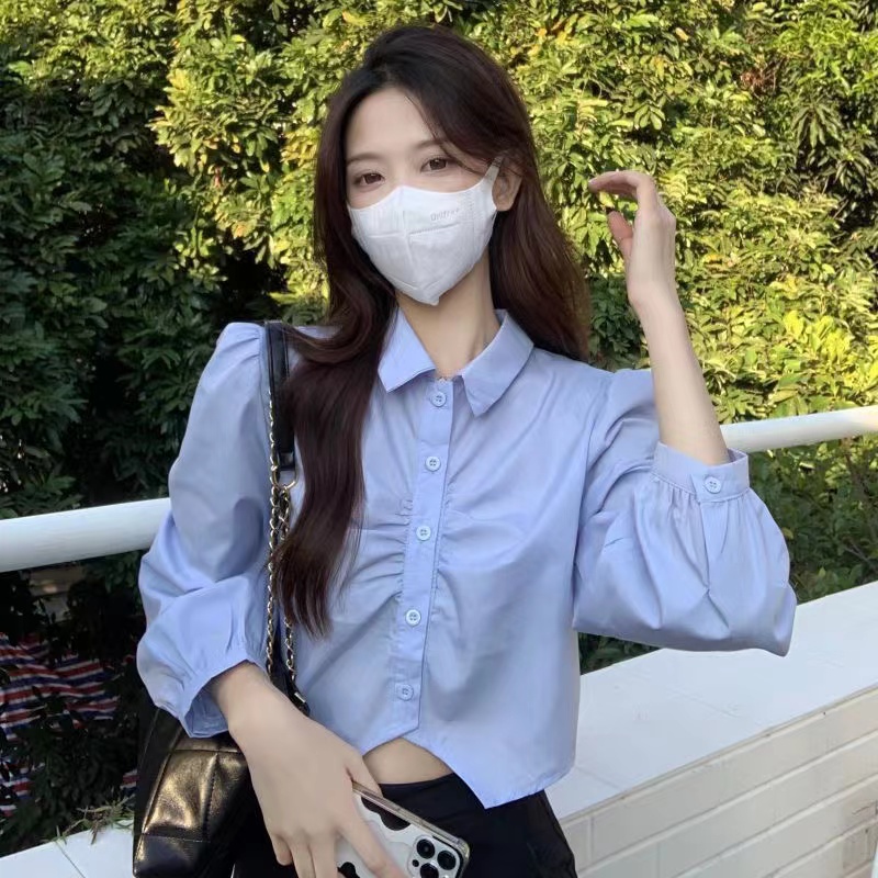 短款襯衣女白色襯衫女春秋新款韓版設計感褶皺學院風減齡純欲上衣