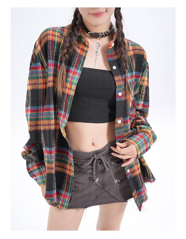 日系復古格子襯衫女春季新款寬鬆撞色中長款長袖襯衣外套oversize