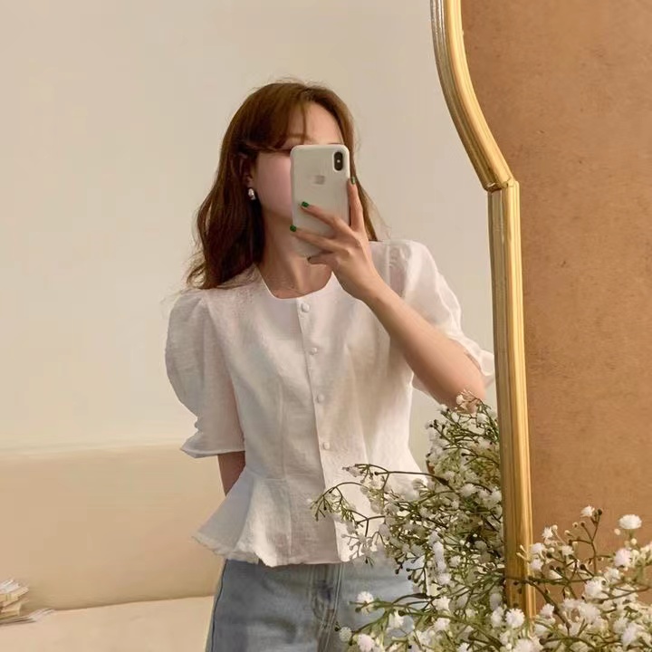 夏季韓國氣質短款泡泡袖上衣襯衣收腰甜美顯瘦女式襯衫