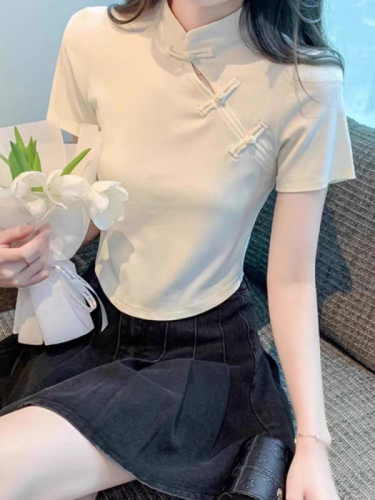 Official photo Summer new Chinese style retro stand collar short-sleeved cheongsam T-shirt women's gentle temperament sweet and spicy short top