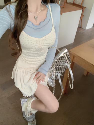 Real shot 2024 spring new style lace long-sleeved slightly see-through bottoming shirt floral suspender cake skirt suit