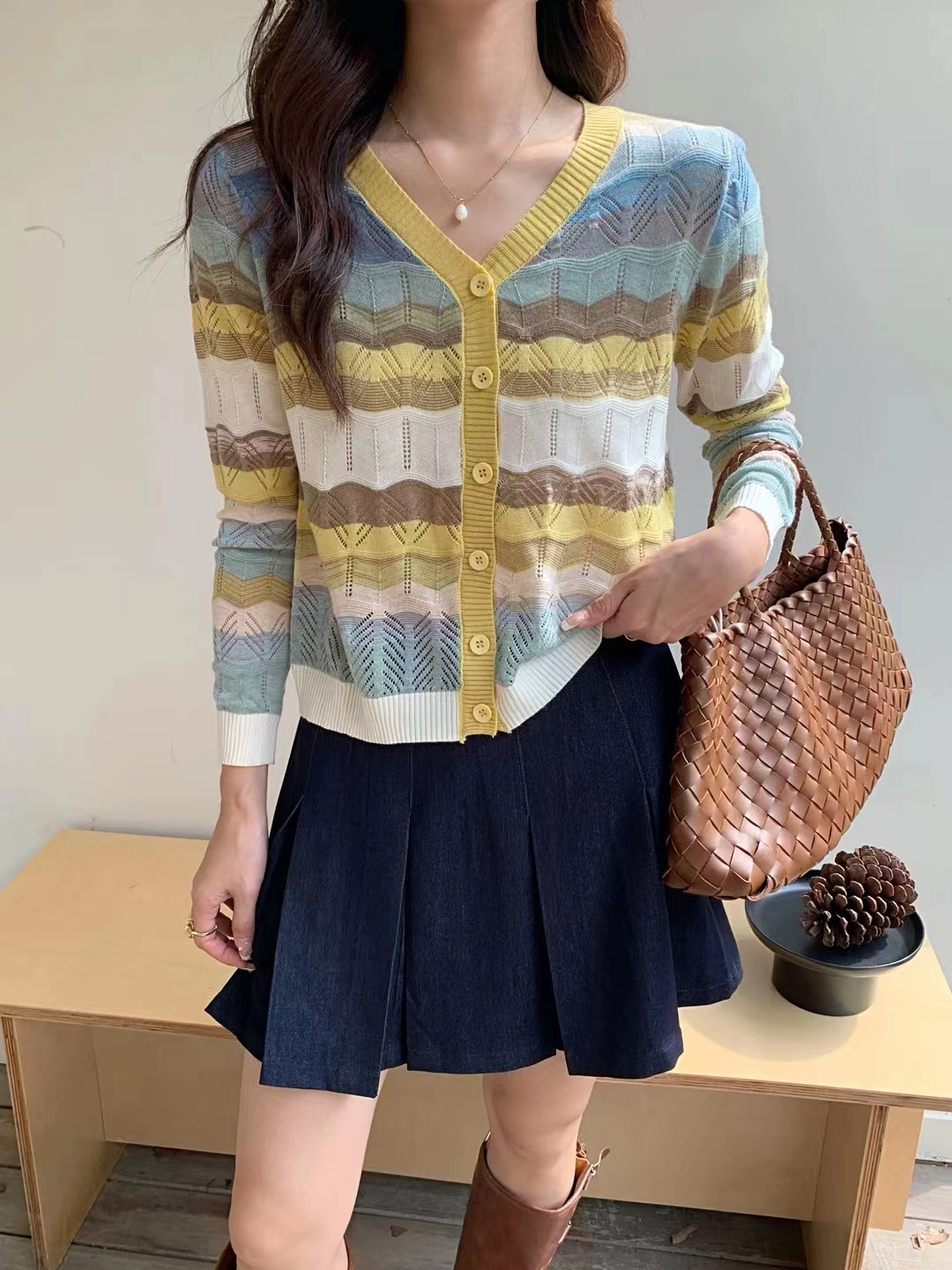 秋季開衫上衣長袖百搭彩條紋