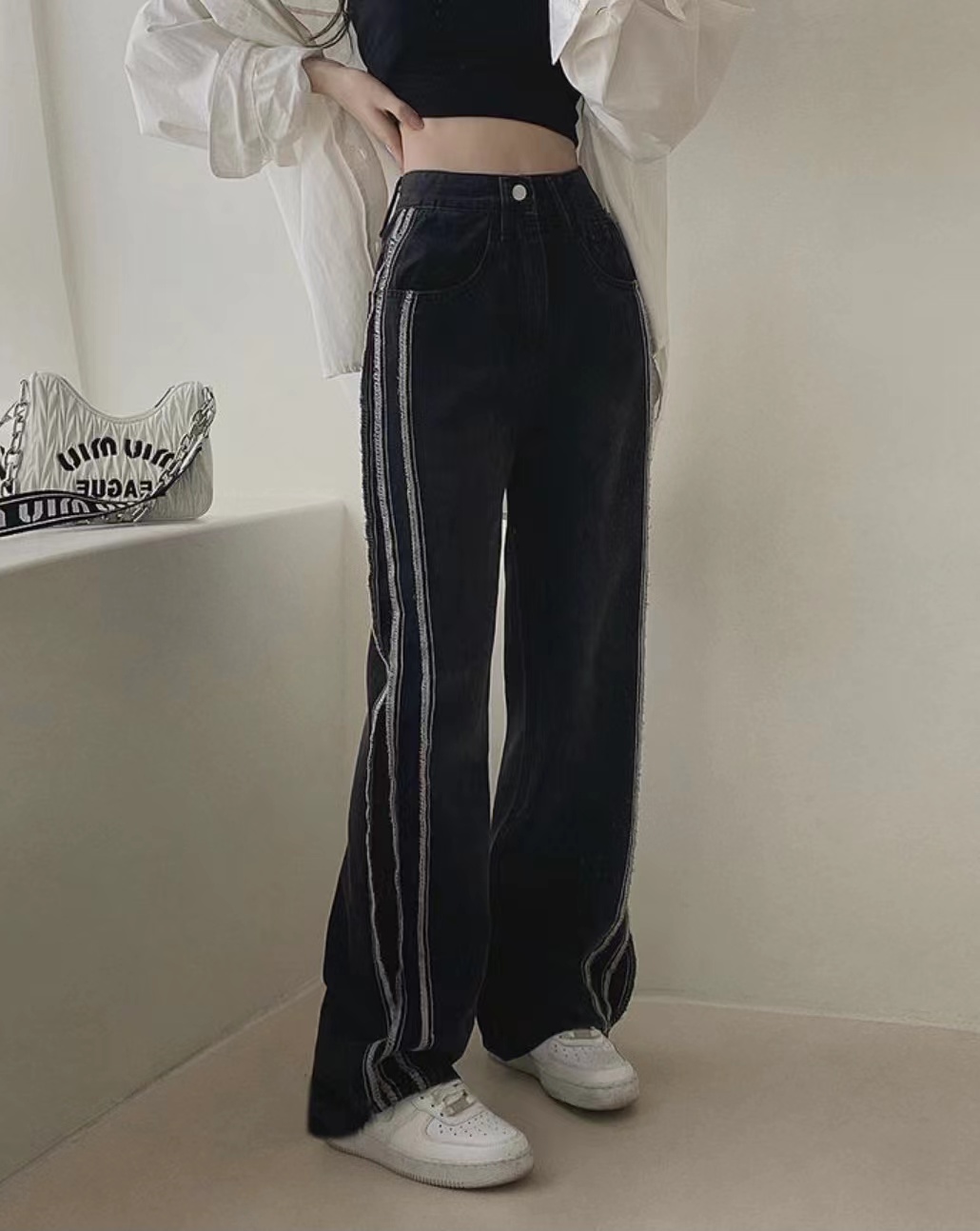 韓版ins黑色闊腿牛仔褲女條紋自然修身顯瘦寬鬆胖MM牛仔褲潮