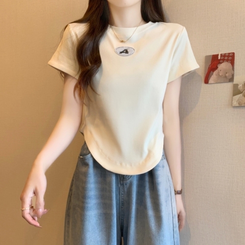 美式小个子立体装饰短袖t恤女夏季vintage设计感小众弧形圆领上衣
