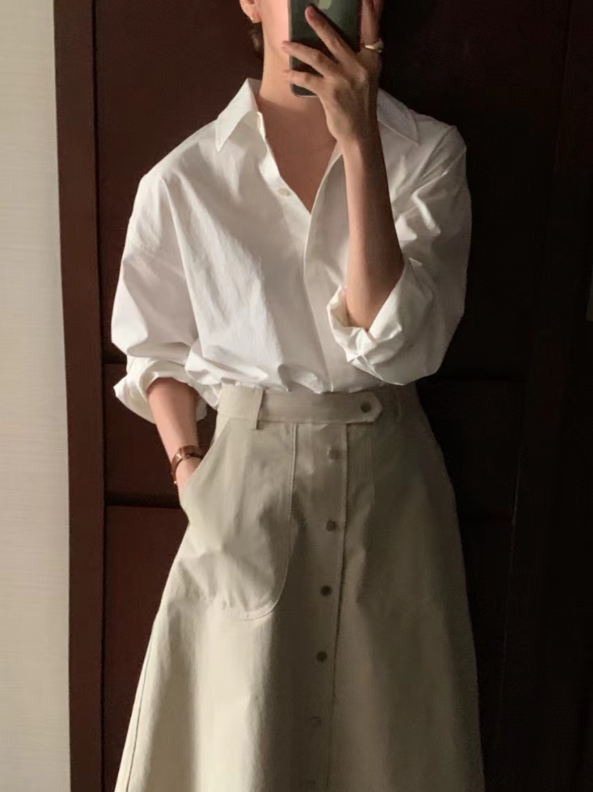 韓國ins早春設計感基礎款長袖襯衫女打底襯衣