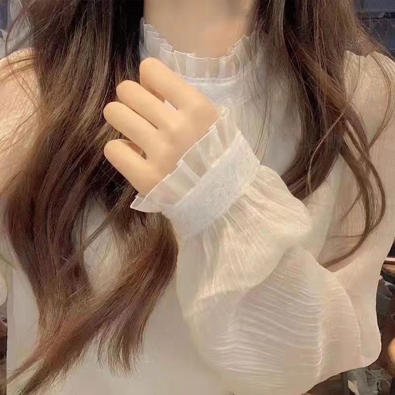 蕾絲立領花邊打底衫女春秋設計感小眾網紗雪紡衫上衣長袖內搭襯衫