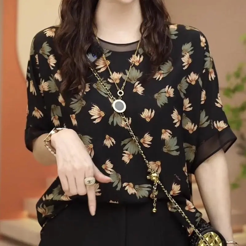 真絲圓領短袖T恤女夏裝新款高檔媽媽遮肉桑蠶絲碎花上衣洋氣小衫