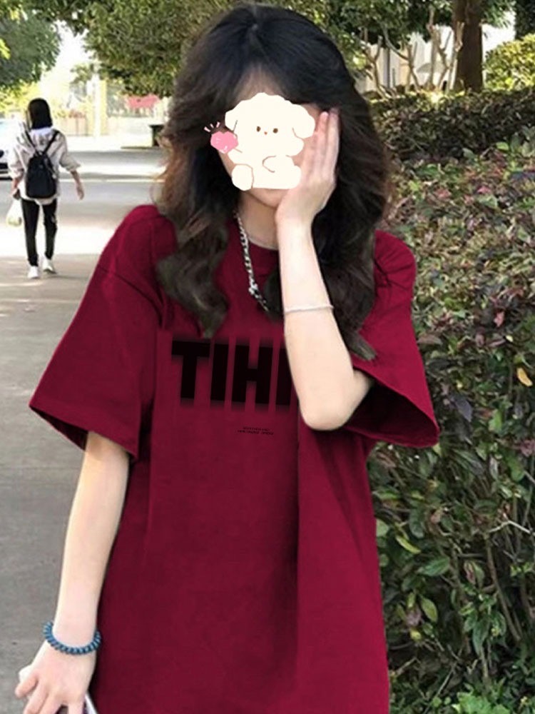 純棉酒紅色短袖t恤女2024新款夏季寬鬆美式復古小眾潮牌上衣