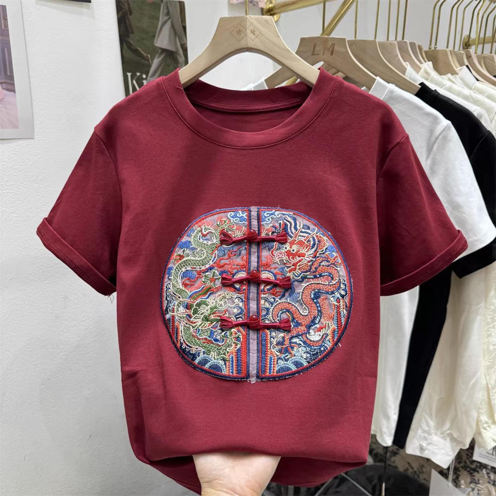 26支純棉2024新款新中式刺繡短袖T恤女修身顯瘦時尚百搭上衣