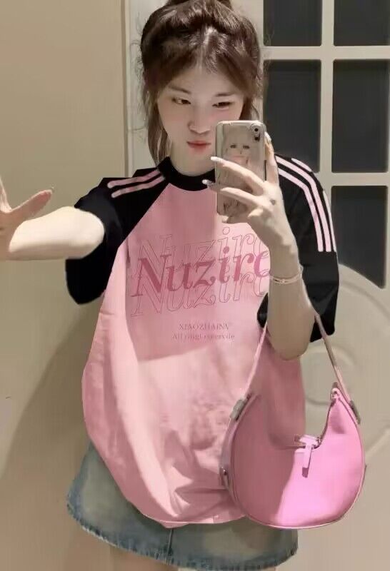純棉200克21支精梳精密前 印花拼色三條槓落肩短袖t恤女