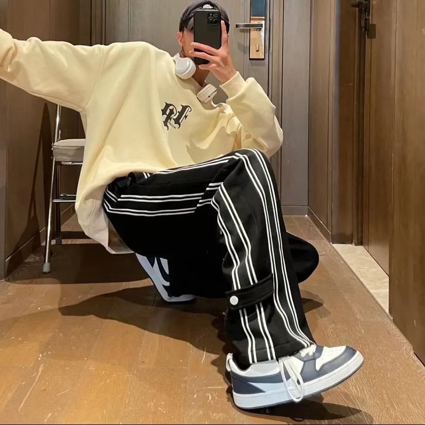Official photo Chinese cotton composite striped American high street drape straight sports pants loose wide leg casual pants