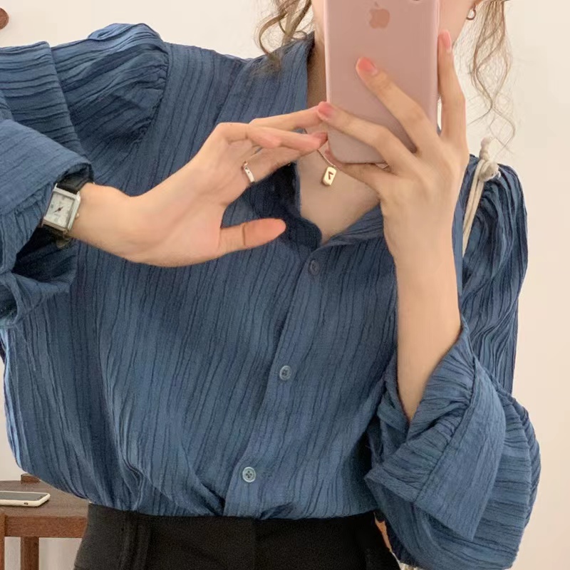 港風法式復古褶皺長袖襯衫女設計感小眾春季chic上衣港味襯衣外套