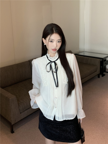 Real shot French fungus-edged bow chiffon shirt design niche shirt new early spring women's top