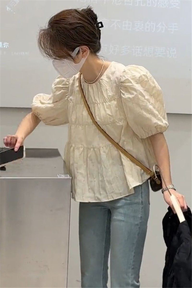 泡泡袖襯衫女法式上衣短袖設計感小眾2024春夏新款小個子短款小衫
