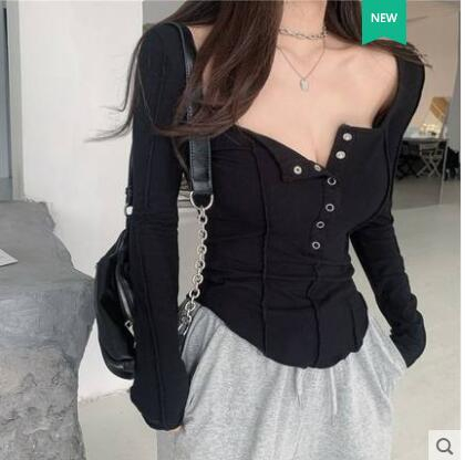 u領長袖t恤早春秋打底衫女內搭設計感小眾修身純欲風辣妹別致上衣