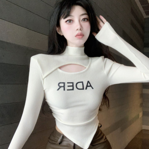 Official Photo De Rong Sweet Hot Girl Slim Fit Long Sleeve Letter Hollow Pleated Waist Irregular Brushing