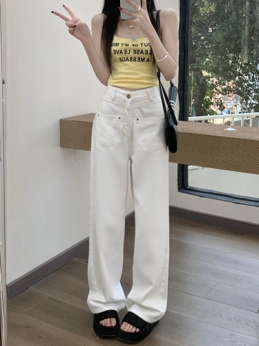 Actual shot of white versatile simple denim wide leg pants for women