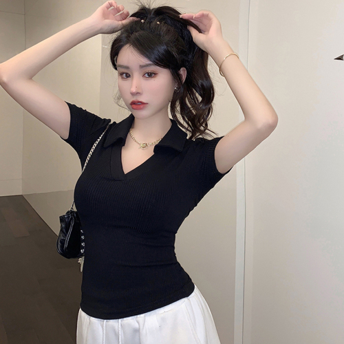Real shot of summer Korean style hot girl V-neck slim polo shirt women's right shoulder short-sleeved bottoming pure cotton T-shirt short top