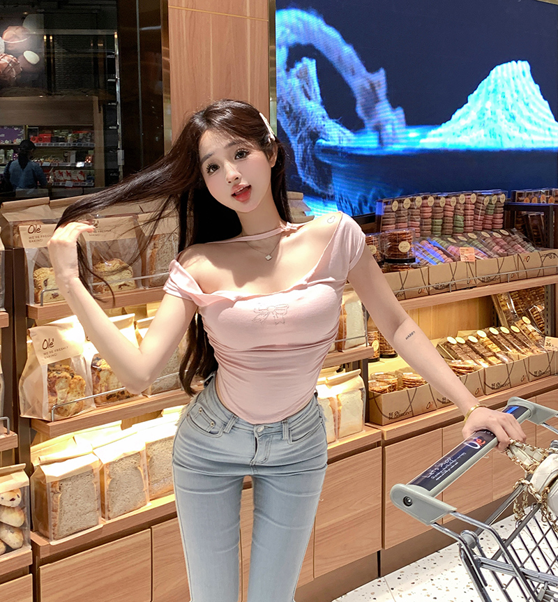 實拍 辣妹重工鑲鑽蝴蝶結短袖t恤女夏季粉色v領修身短款上衣