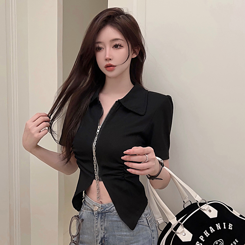 實拍 夏季不規則小眾polo領短袖t恤女ins潮辣妹顯瘦短款純欲上衣