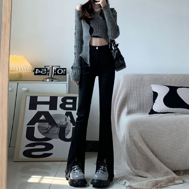 黑色開叉微喇牛仔褲女網紅彈力修身顯瘦小個子高腰百搭拖地喇叭褲