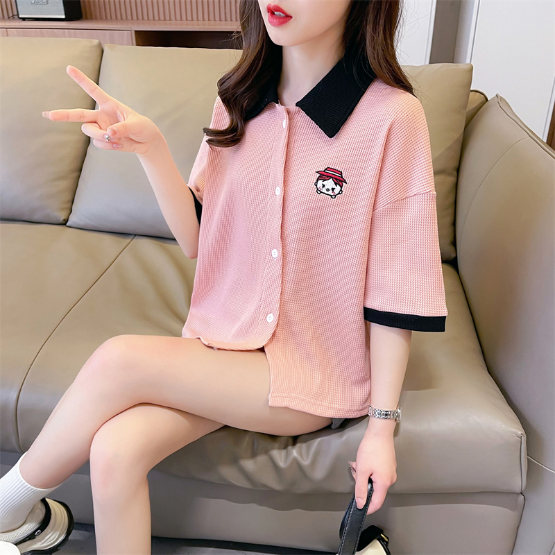 Real shot original quality summer Korean version loose waffle POLO collar cartoon embroidered short-sleeved T-shirt for women