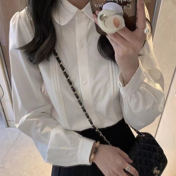 春秋甜美娃娃領白色襯衫女春秋疊穿內搭風琴褶襯衣設計感上衣學生